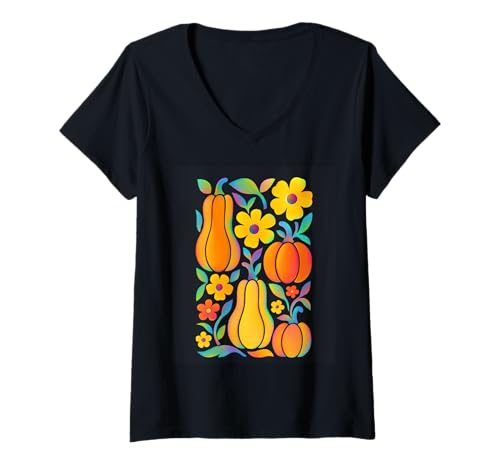 Damen Lebendige Kürbis-Blumen Herbst-Design T-Shirt mit V-Ausschnitt Damen Lebendige Kürbis-Blumen Herbst-Design T-Shirt mit V-Ausschnitt von Colorful Autumn Harvest Patterns Blossoms
