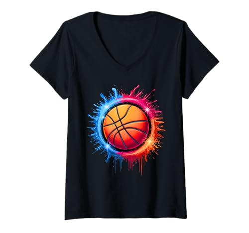 Damen Farbiger Splash Hoop Net Slam Dunk im Basketball-Batikdesign T-Shirt mit V-Ausschnitt von Colorful Basketball SHIRT