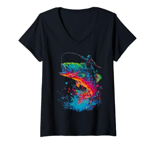 Damen Buntes Barsch-Angel-Design für Angler T-Shirt mit V-Ausschnitt Damen Buntes Barsch-Angel-Design für Angler T-Shirt mit V-Ausschnitt von Colorful Bass Fishing Splash Design Shop
