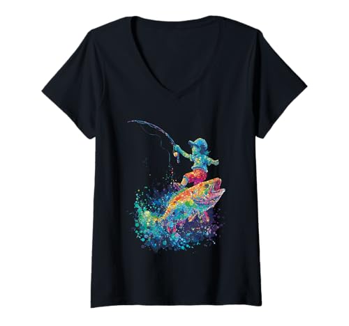 Damen Buntes Barsch-Angel-Design für Angler T-Shirt mit V-Ausschnitt Damen Buntes Barsch-Angel-Design für Angler T-Shirt mit V-Ausschnitt von Colorful Bass Fishing Splash Design Shop
