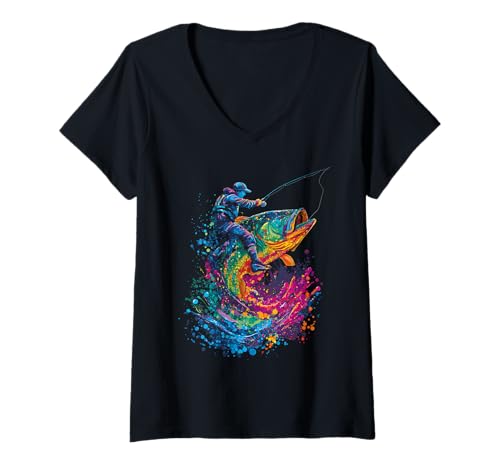 Damen Buntes Barsch-Angel-Design für Angler T-Shirt mit V-Ausschnitt Damen Buntes Barsch-Angel-Design für Angler T-Shirt mit V-Ausschnitt von Colorful Bass Fishing Splash Design Shop