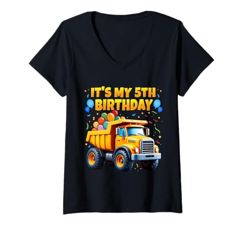 Damen It's My 5th Birthday Muldenkipper Lustiger Geburtstag Kinder Jungen T-Shirt mit V-Ausschnitt Damen It's My 5th Birthday Muldenkipper Lustiger Geburtstag Kinder Jungen T-Shirt mit V-Ausschnitt von Colorful Birthday Truck Party Apparel for Toddlers