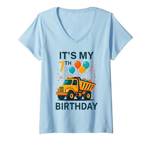 Damen It's My 7th Birthday Muldenkipper Lustiger Geburtstag Kinder Jungen T-Shirt mit V-Ausschnitt Damen It's My 7th Birthday Muldenkipper Lustiger Geburtstag Kinder Jungen T-Shirt mit V-Ausschnitt von Colorful Birthday Truck Party Apparel for Toddlers