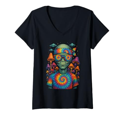 Damen Cool Tie Dye Alien Hippie Retro Pilze UFO Rave T-Shirt mit V-Ausschnitt Damen Cool Tie Dye Alien Hippie Retro Pilze UFO Rave T-Shirt mit V-Ausschnitt von Colorful Boho Mushroom Alien Trippy Sci Fi Design
