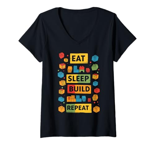 Damen Playful EAT Sleep Build Repeat Design for Builders T-Shirt mit V-Ausschnitt Damen Playful EAT Sleep Build Repeat Design for Builders T-Shirt mit V-Ausschnitt von Colorful Builder Creations