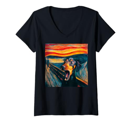 Damen Dackel Pop Art Scream Design buntes Hunde-Kunstwerk T-Shirt mit V-Ausschnitt Damen Dackel Pop Art Scream Design buntes Hunde-Kunstwerk T-Shirt mit V-Ausschnitt von Colorful Canine Expressions