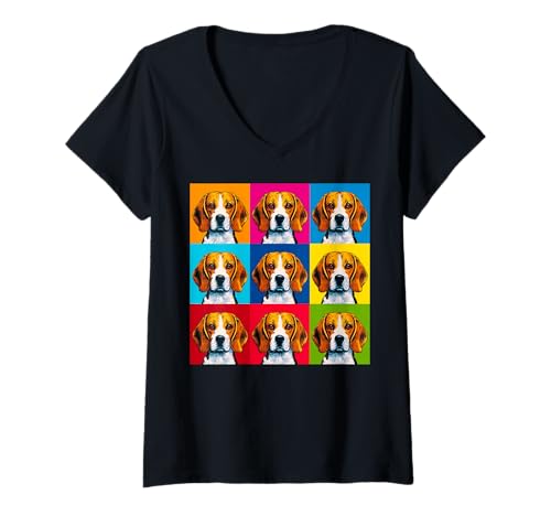 Damen Beagle Pop Art Bunte Retro-Hunde-Illustration T-Shirt mit V-Ausschnitt Damen Beagle Pop Art Bunte Retro-Hunde-Illustration T-Shirt mit V-Ausschnitt von Colorful Canine Pop Art