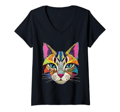 Damen Vibrant Colorful Fake Patch Style Cat Art Lover T-Shirt mit V-Ausschnitt Damen Vibrant Colorful Fake Patch Style Cat Art Lover T-Shirt mit V-Ausschnitt von Colorful Cat Art Lover Designs Co.