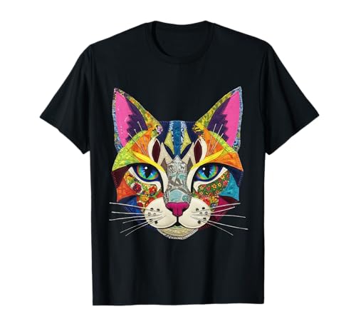 Vibrant Colorful Fake Patch Style Cat Art Lover T-Shirt Vibrant Colorful Fake Patch Style Cat Art Lover T-Shirt von Colorful Cat Art Lover Designs Co.