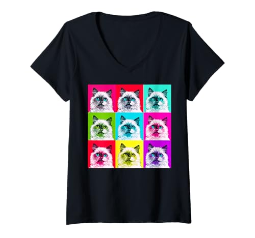 Damen Ragdoll Cat Pop Art Buntes Retro-Design T-Shirt mit V-Ausschnitt Damen Ragdoll Cat Pop Art Buntes Retro-Design T-Shirt mit V-Ausschnitt von Colorful Cat Pop Art Studio