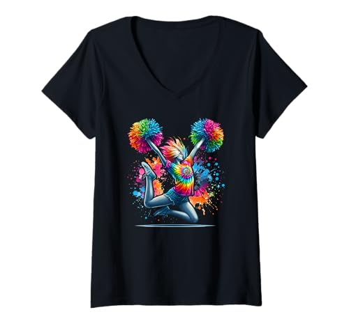 Damen Tie Dye Cheerleader Pom Poms Cheerleading Cheer Girls Outfit T-Shirt mit V-Ausschnitt Damen Tie Dye Cheerleader Pom Poms Cheerleading Cheer Girls Outfit T-Shirt mit V-Ausschnitt von Colorful Cheerleading Costume Gifts