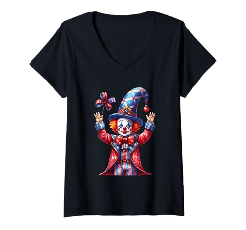 Damen Lustiger Clown mit Windrad und Sternen Kostüm T-Shirt mit V-Ausschnitt Damen Lustiger Clown mit Windrad und Sternen Kostüm T-Shirt mit V-Ausschnitt von Colorful Circus Clown Fun Entertainment Cheer