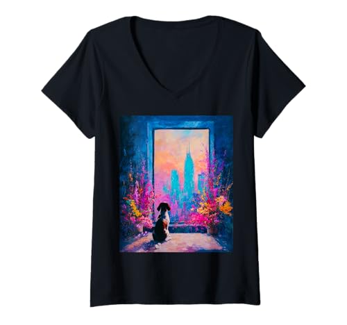 Damen Nashville Basset Hound City Skyline-Kunst mit Hund T-Shirt mit V-Ausschnitt Damen Nashville Basset Hound City Skyline-Kunst mit Hund T-Shirt mit V-Ausschnitt von Colorful City Pet Collection