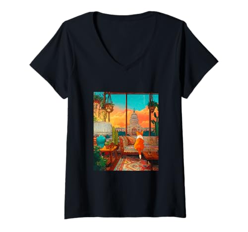 Damen Austin Corgi Hund Sonnenuntergang Stadt Illustration T-Shirt mit V-Ausschnitt Damen Austin Corgi Hund Sonnenuntergang Stadt Illustration T-Shirt mit V-Ausschnitt von Colorful City Pets