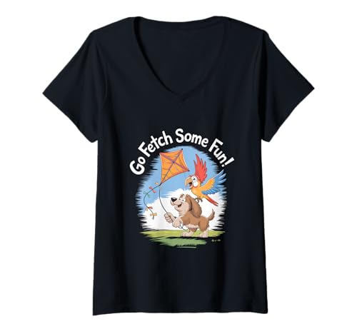 Damen Go Fetch Some Fun Cartoon Hund und Papagei fliegen einen Drachen T-Shirt mit V-Ausschnitt von Colorful Companions Art