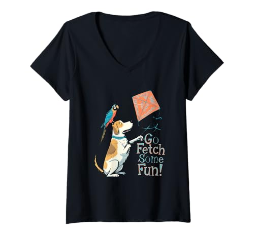Damen Go Fetch Some Fun Cartoon Hund und Papagei fliegen einen Drachen T-Shirt mit V-Ausschnitt Damen Go Fetch Some Fun Cartoon Hund und Papagei fliegen einen Drachen T-Shirt mit V-Ausschnitt von Colorful Companions Art