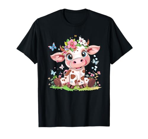 Niedliche Kuh mit Blumen I Kids Cow T-Shirt von Colorful Cow Art I Cartoon Cow