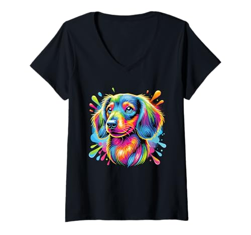 Damen Bunter Dackel T-Shirt mit V-Ausschnitt Damen Bunter Dackel T-Shirt mit V-Ausschnitt von Colorful Dachshund Art Expression Rainbow Love