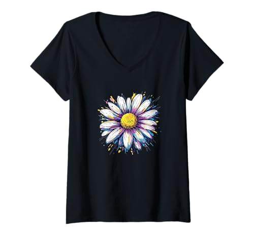 Damen Blüten Gänseblümchen im Sommerstil T-Shirt mit V-Ausschnitt Damen Blüten Gänseblümchen im Sommerstil T-Shirt mit V-Ausschnitt von Colorful Daisies