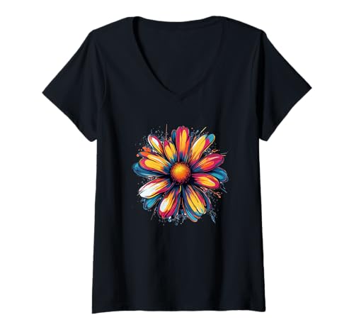 Damen Schönes Gänseblümchen mit bunten Blüten T-Shirt mit V-Ausschnitt Damen Schönes Gänseblümchen mit bunten Blüten T-Shirt mit V-Ausschnitt von Colorful Daisies