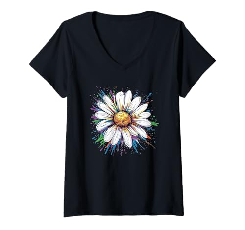 Damen Gänseblümchen und Sommerwiesen-Look T-Shirt mit V-Ausschnitt Damen Gänseblümchen und Sommerwiesen-Look T-Shirt mit V-Ausschnitt von Colorful Daisy Look