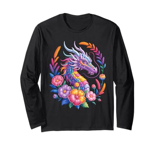 Aquarell Drachen Blumen Schöne Kunst Bunt Damen Herren Langarmshirt Aquarell Drachen Blumen Schöne Kunst Bunt Damen Herren Langarmshirt von Colorful Dragon Flowers Clothing For Kids Girls