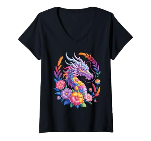 Damen Aquarell Drachen Blumen Schöne Kunst Bunt Damen Herren T-Shirt mit V-Ausschnitt Damen Aquarell Drachen Blumen Schöne Kunst Bunt Damen Herren T-Shirt mit V-Ausschnitt von Colorful Dragon Flowers Clothing For Kids Girls