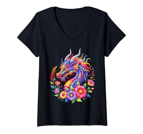 Damen Drachenblumen Buntes Aquarell Schöne Kunst Damen Herren T-Shirt mit V-Ausschnitt Damen Drachenblumen Buntes Aquarell Schöne Kunst Damen Herren T-Shirt mit V-Ausschnitt von Colorful Dragon Flowers Clothing For Kids Girls