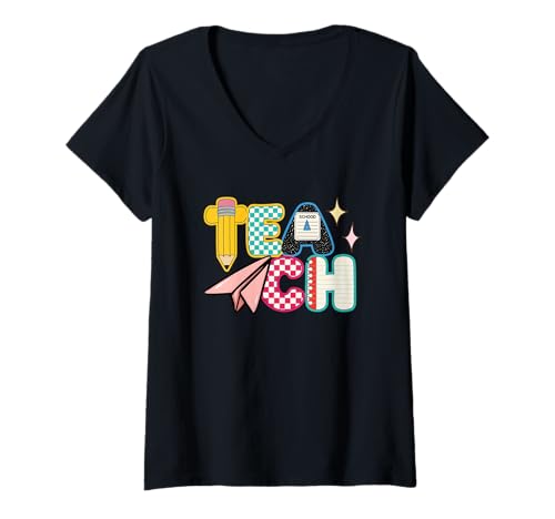 Damen Teach Inspire School Educator Thema T-Shirt mit V-Ausschnitt von Colorful Educational Teacher Style