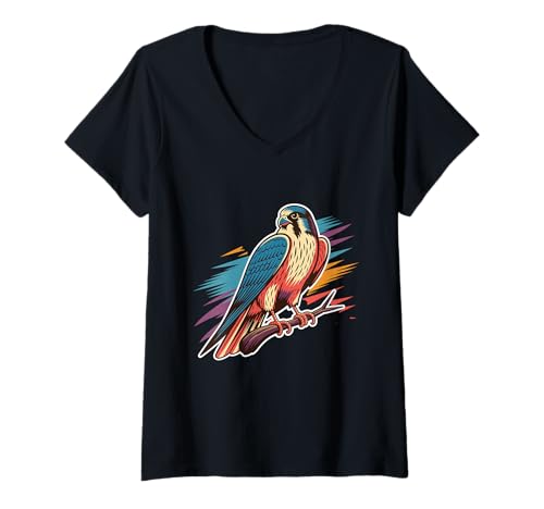 Damen Lebendige Falken-Illustration für Naturbegeisterte T-Shirt mit V-Ausschnitt von Colorful Falcon Wildlife Artistry Nature Lovers