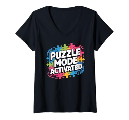 Damen Puzzle-Modus aktiviertes Enthusiasten-Design T-Shirt mit V-Ausschnitt von Colorful Fun Jigsaw Enthusiast