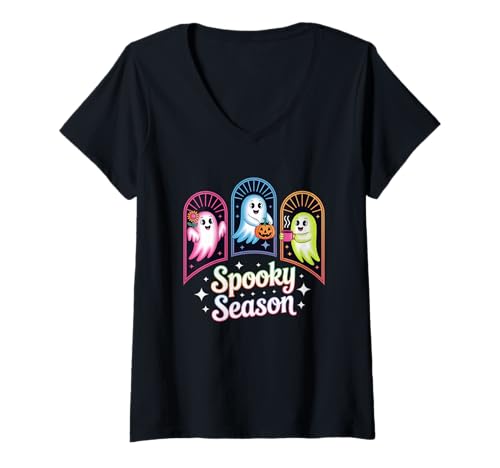 Damen Gruselige Jahreszeit, niedliche Geister, Halloween-Spaß T-Shirt mit V-Ausschnitt Damen Gruselige Jahreszeit, niedliche Geister, Halloween-Spaß T-Shirt mit V-Ausschnitt von Colorful Ghosts Halloween Spooky Delight