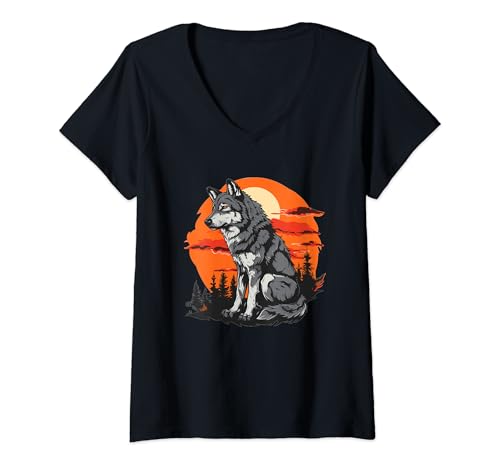 Damen Süßer Sonnenuntergang grauer Wolf T-Shirt mit V-Ausschnitt Damen Süßer Sonnenuntergang grauer Wolf T-Shirt mit V-Ausschnitt von Colorful Gray Wolf Art I Kids Gray Wolf