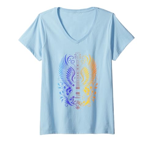 Damen Electric Guitar with Rainbow Wings and Floral Art Musik T-Shirt mit V-Ausschnitt Damen Electric Guitar with Rainbow Wings and Floral Art Musik T-Shirt mit V-Ausschnitt von Colorful Guitar With Wings Artistic Rock Musik