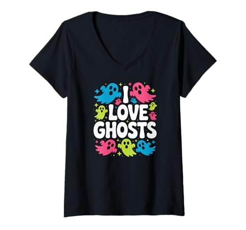 Damen I Love Ghosts Gruselspaß für Halloween T-Shirt mit V-Ausschnitt Damen I Love Ghosts Gruselspaß für Halloween T-Shirt mit V-Ausschnitt von Colorful Halloween Ghost Vibes Enthusiasts
