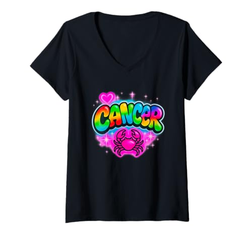 Damen Krebs Sternzeichen Krabbe Retro Regenbogen Design T-Shirt mit V-Ausschnitt Damen Krebs Sternzeichen Krabbe Retro Regenbogen Design T-Shirt mit V-Ausschnitt von Colorful Horoscope for Cancer Star Sign Fans