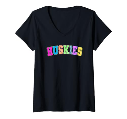Damen Lebendiger Huskies Pride Teamgeist T-Shirt mit V-Ausschnitt Damen Lebendiger Huskies Pride Teamgeist T-Shirt mit V-Ausschnitt von Colorful Husky Spirit Celebration