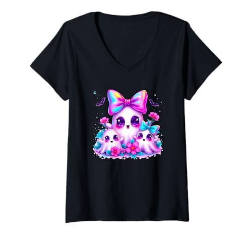 Damen Niedliche Geisterfamilie, große Schleifen, leuchtende Blumen T-Shirt mit V-Ausschnitt Damen Niedliche Geisterfamilie, große Schleifen, leuchtende Blumen T-Shirt mit V-Ausschnitt von Colorful Kawaii Ghosts Bows Flowers Fantasy