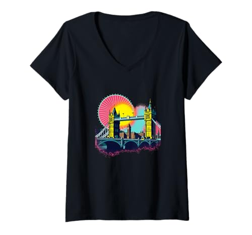 Damen Pop-Art im Retro-Stil auf der Tower Bridge T-Shirt mit V-Ausschnitt Damen Pop-Art im Retro-Stil auf der Tower Bridge T-Shirt mit V-Ausschnitt von Colorful London Vibes