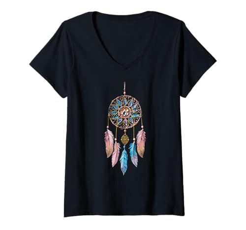 Damen Dreamcatcher Native American Indian Feathers Tribal Arts T-Shirt mit V-Ausschnitt von Colorful Mantra Dreamcatcher Shop
