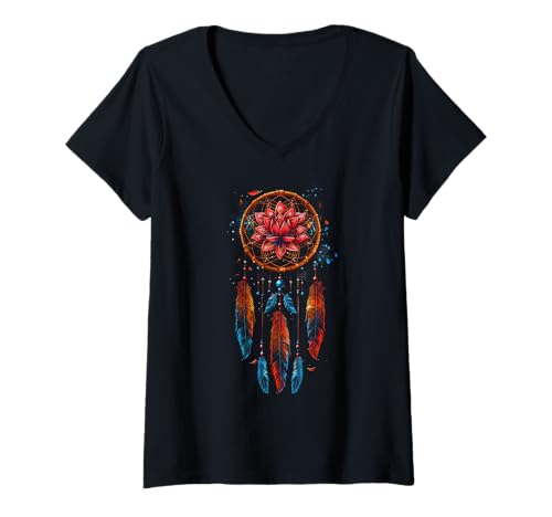 Damen Lotus Dreamcatcher Native American Indian Feathers Arts T-Shirt mit V-Ausschnitt von Colorful Mantra Dreamcatcher Shop