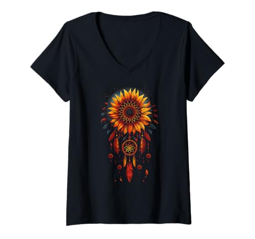 Damen Sunflower Dreamcatcher Native American Indian Feathers Arts T-Shirt mit V-Ausschnitt von Colorful Mantra Dreamcatcher Shop