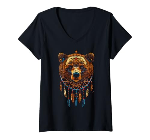 Damen Bear Dreamcatcher Native American Indian Feathers Arts T-Shirt mit V-Ausschnitt von Colorful Mantra Spirit Animal Dreamcatcher Shop