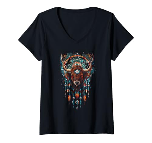 Damen Bison Dreamcatcher Native American Indian Feathers Arts T-Shirt mit V-Ausschnitt Damen Bison Dreamcatcher Native American Indian Feathers Arts T-Shirt mit V-Ausschnitt von Colorful Mantra Spirit Animal Dreamcatcher Shop
