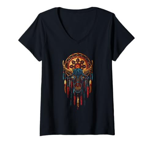 Damen Bull Dreamcatcher Native American Indian Feathers Arts T-Shirt mit V-Ausschnitt Damen Bull Dreamcatcher Native American Indian Feathers Arts T-Shirt mit V-Ausschnitt von Colorful Mantra Spirit Animal Dreamcatcher Shop