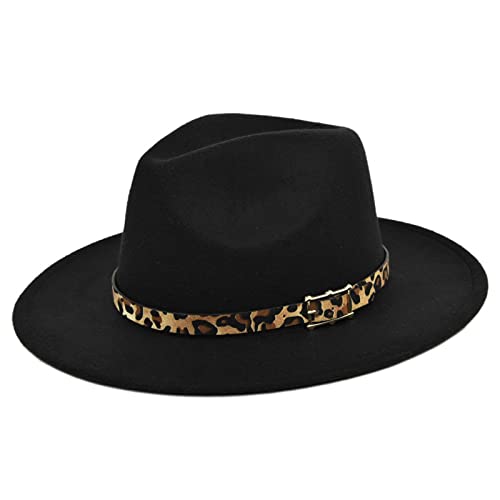 Colorful Outdoor Panama Filz Fedora Hut mit breiter Krempe, Mafia Gangster Filz Fedora Wolle Mütze 1920 Stil Cap mit Leopard Gürtel Schnalle für Herren Damen (Schwarz, L) von Colorful Outdoor