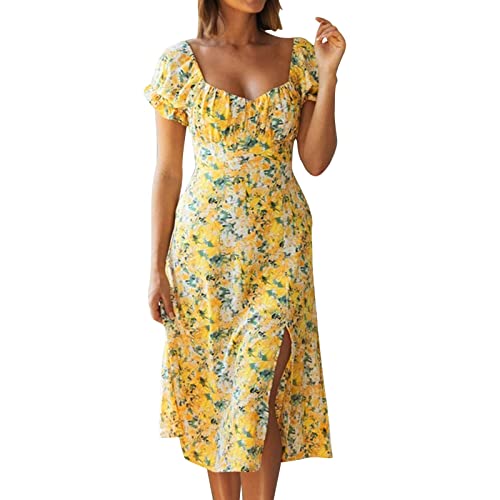 Colorful Sommerkleid Damen V-Ausschnitt Kurzarm Bandage Freizeitkleid, Kleider Gänseblümchen Mode Kurz Temperament Elegant Schwingen Kleid Blusenkleider Mini Dress (Yellow, M) von Colorful Outdoor