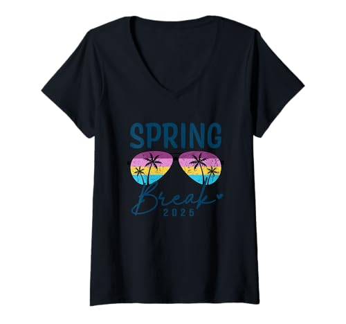 Damen Spring Break 2025 Palme Sonnenbrille Stil T-Shirt mit V-Ausschnitt Damen Spring Break 2025 Palme Sonnenbrille Stil T-Shirt mit V-Ausschnitt von Colorful Palm Tree Sunglasses Spring Break Vibes