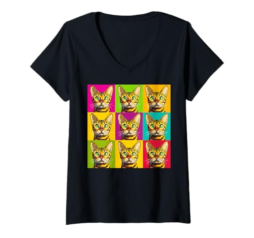 Damen Bengalkatze, Pop-Art, buntes Grafikdesign T-Shirt mit V-Ausschnitt Damen Bengalkatze, Pop-Art, buntes Grafikdesign T-Shirt mit V-Ausschnitt von Colorful Pet Pop Art Collection
