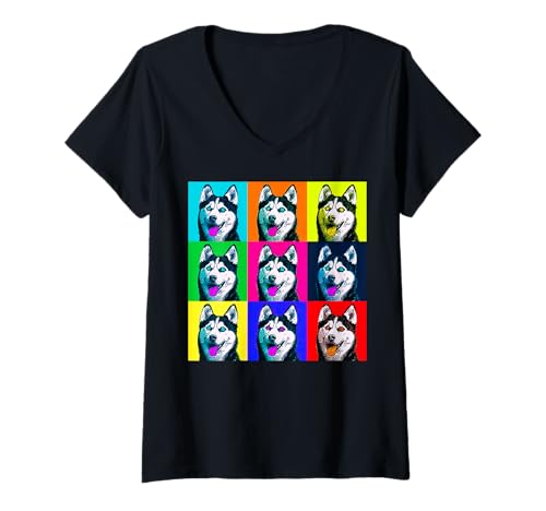 Damen Bunte Husky Pop Art Grafik Hund T-Shirt mit V-Ausschnitt Damen Bunte Husky Pop Art Grafik Hund T-Shirt mit V-Ausschnitt von Colorful Pet Pop Art